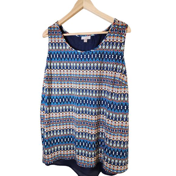 ROZ & ALI Blue Orange White Horizontal Print Sleeveless Split Back Top SZ 2X - Picture 1 of 9